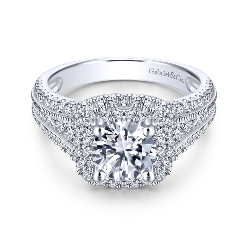 DIAMOND ENGAGEMENT RINGS - 14K White Gold 2.00cttw Cushion Shaped Double Halo With Triple Diamond Shank Round Diamond Engagement Ring