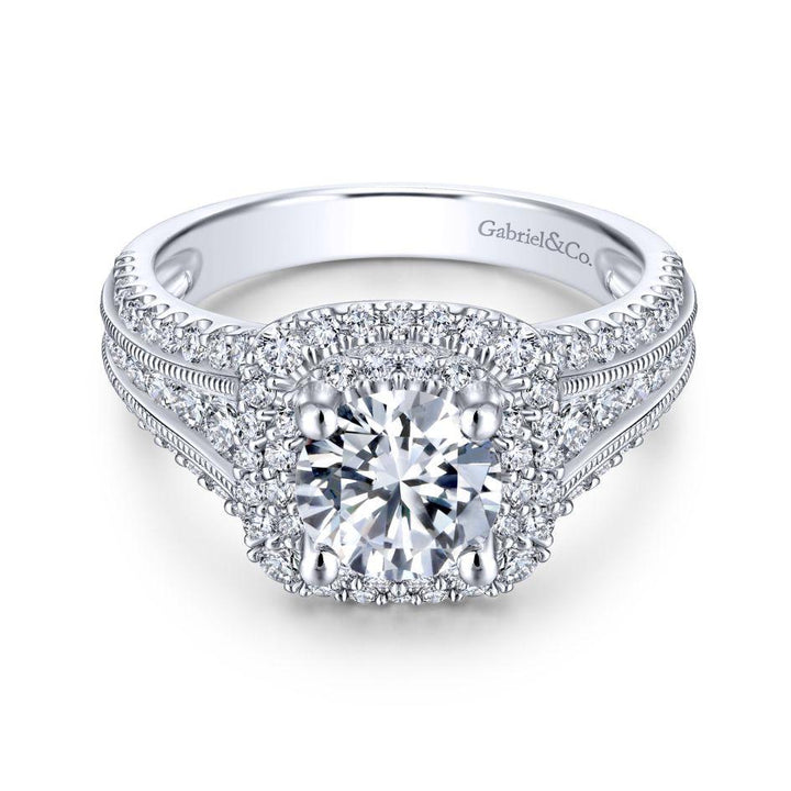 DIAMOND ENGAGEMENT RINGS - 14K White Gold 2.00cttw Cushion Shaped Double Halo With Triple Diamond Shank Round Diamond Engagement Ring