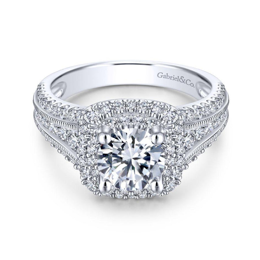 DIAMOND ENGAGEMENT RINGS - 14K White Gold 2.00cttw Cushion Shaped Double Halo With Triple Diamond Shank Round Diamond Engagement Ring