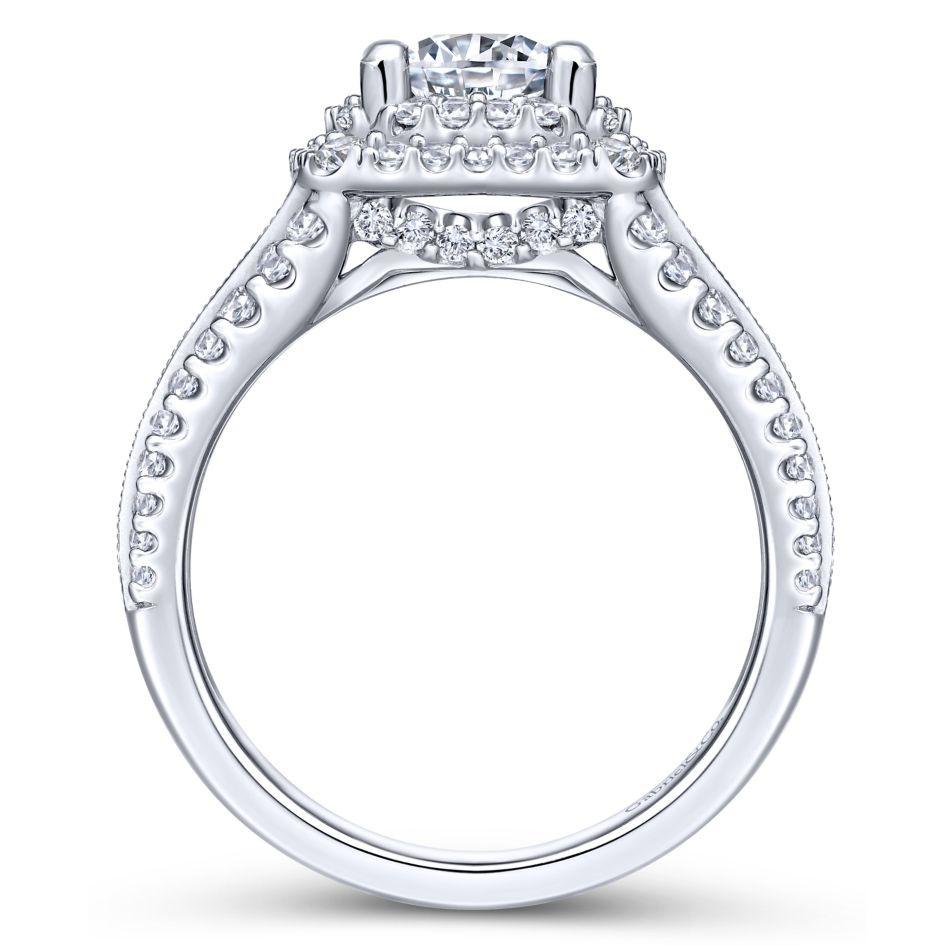 DIAMOND ENGAGEMENT RINGS - 14K White Gold 2.00cttw Cushion Shaped Double Halo With Triple Diamond Shank Round Diamond Engagement Ring