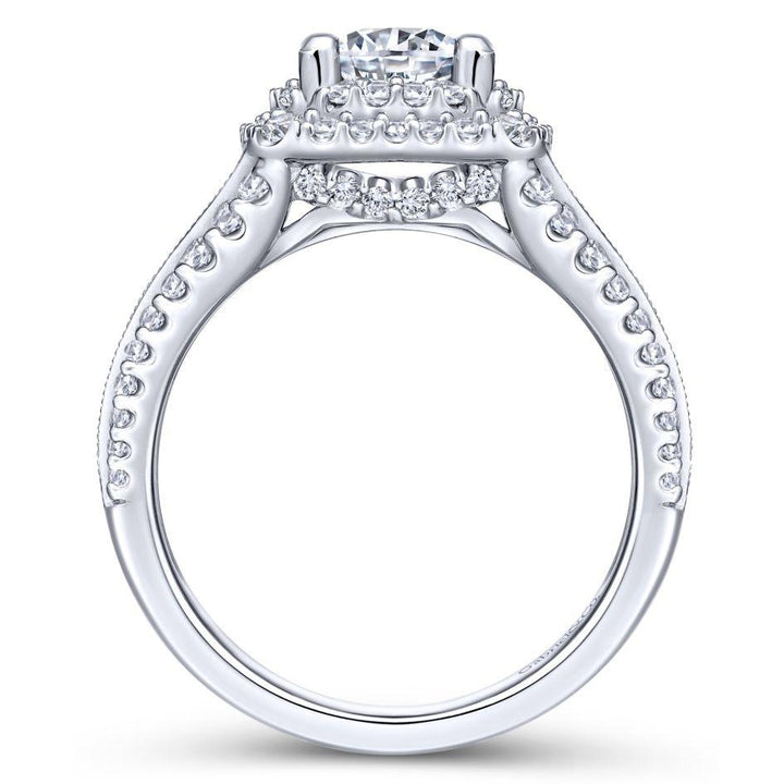 DIAMOND ENGAGEMENT RINGS - 14K White Gold 2.00cttw Cushion Shaped Double Halo With Triple Diamond Shank Round Diamond Engagement Ring