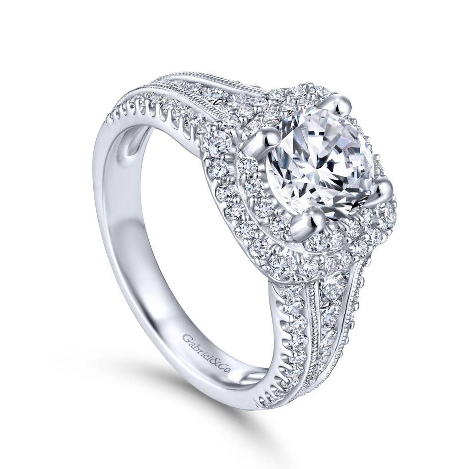 DIAMOND ENGAGEMENT RINGS - 14K White Gold 2.00cttw Cushion Shaped Double Halo With Triple Diamond Shank Round Diamond Engagement Ring