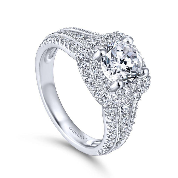 DIAMOND ENGAGEMENT RINGS - 14K White Gold 2.00cttw Cushion Shaped Double Halo With Triple Diamond Shank Round Diamond Engagement Ring