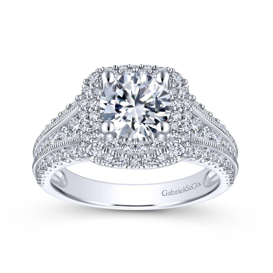 DIAMOND ENGAGEMENT RINGS - 14K White Gold 2.00cttw Cushion Shaped Double Halo With Triple Diamond Shank Round Diamond Engagement Ring