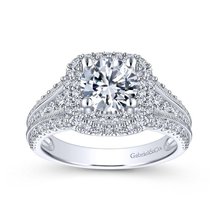 DIAMOND ENGAGEMENT RINGS - 14K White Gold 2.00cttw Cushion Shaped Double Halo With Triple Diamond Shank Round Diamond Engagement Ring