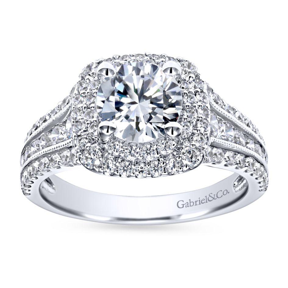 DIAMOND ENGAGEMENT RINGS - 14K White Gold 2.00cttw Cushion Shaped Double Halo With Triple Diamond Shank Round Diamond Engagement Ring