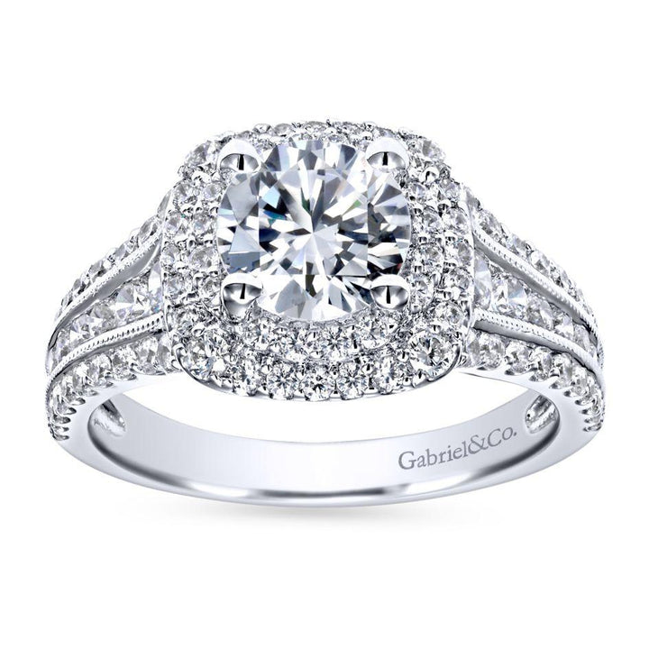 DIAMOND ENGAGEMENT RINGS - 14K White Gold 2.00cttw Cushion Shaped Double Halo With Triple Diamond Shank Round Diamond Engagement Ring