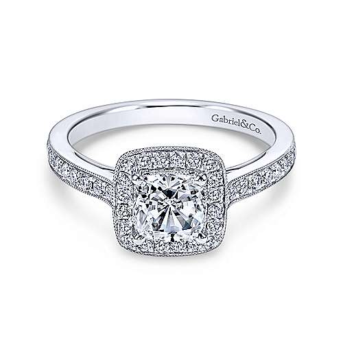 Classic Cushion Halo Diamond Ring .28 Cttw  14K White Gold