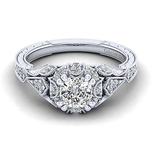 DIAMOND ENGAGEMENT RINGS - 14k White Gold .34cttw Victorian Round Halo Diamond Engagement Mounting