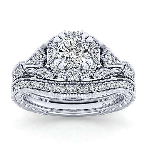 DIAMOND ENGAGEMENT RINGS - 14k White Gold .34cttw Victorian Round Halo Diamond Engagement Mounting