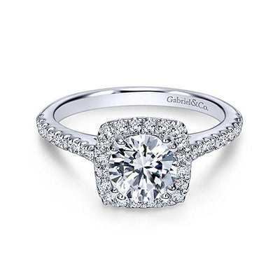 DIAMOND ENGAGEMENT RINGS - 14K White Gold .39cttw Pave Round Diamond Engagement Ring With Flared Cushion Shaped Halo