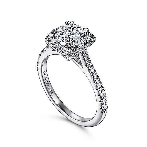 DIAMOND ENGAGEMENT RINGS - 14K White Gold .39cttw Pave Round Diamond Engagement Ring With Flared Cushion Shaped Halo