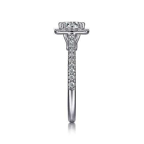 DIAMOND ENGAGEMENT RINGS - 14K White Gold .39cttw Pave Round Diamond Engagement Ring With Flared Cushion Shaped Halo