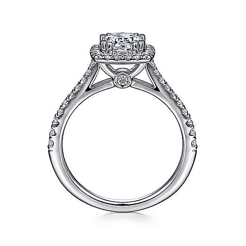 DIAMOND ENGAGEMENT RINGS - 14K White Gold .39cttw Pave Round Diamond Engagement Ring With Flared Cushion Shaped Halo