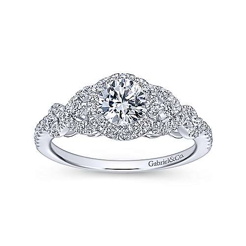 DIAMOND ENGAGEMENT RINGS - 14K White Gold .44cttw Pave Criss-Cross Shank Diamond Engagement Ring With Halo