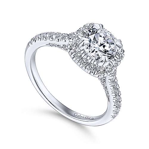 DIAMOND ENGAGEMENT RINGS - 14K White Gold .64cttw Pave Cushion Shaped Halo Round Diamond Engagement Ring