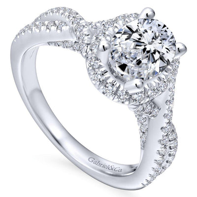 DIAMOND ENGAGEMENT RINGS - 14K White Gold .67cttw Oval Halo Diamond Engagement Ring With Crossover Shank