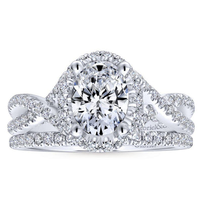 DIAMOND ENGAGEMENT RINGS - 14K White Gold .67cttw Oval Halo Diamond Engagement Ring With Crossover Shank