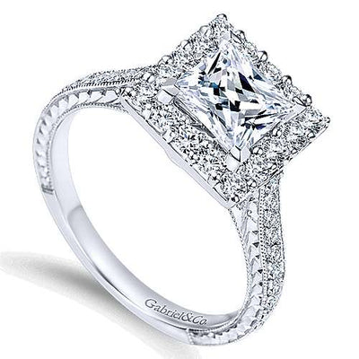 DIAMOND ENGAGEMENT RINGS - 14K White Gold .75cttw Classic Princess Cut Square Halo Diamond Engagement Ring