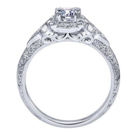 DIAMOND ENGAGEMENT RINGS - 14K White Gold .76cttw Ornate Vintage Style Round Diamond Engagement Ring With Bead Set Diamonds