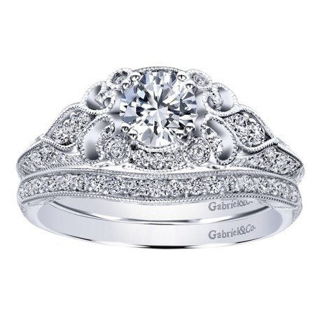 DIAMOND ENGAGEMENT RINGS - 14K White Gold .76cttw Ornate Vintage Style Round Diamond Engagement Ring With Bead Set Diamonds