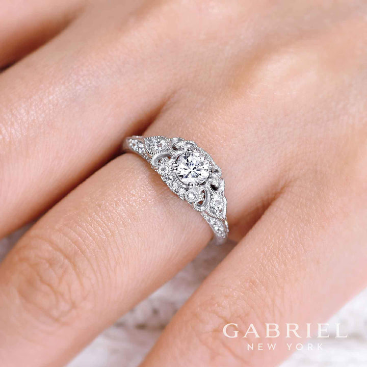 DIAMOND ENGAGEMENT RINGS - 14K White Gold .76cttw Ornate Vintage Style Round Diamond Engagement Ring With Bead Set Diamonds