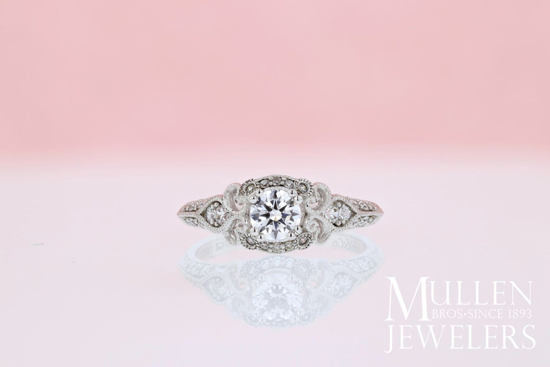 DIAMOND ENGAGEMENT RINGS - 14K White Gold .76cttw Ornate Vintage Style Round Diamond Engagement Ring With Bead Set Diamonds