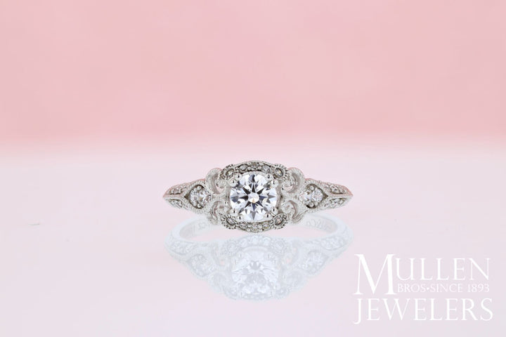 DIAMOND ENGAGEMENT RINGS - 14K White Gold .76cttw Ornate Vintage Style Round Diamond Engagement Ring With Bead Set Diamonds