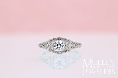 DIAMOND ENGAGEMENT RINGS - 14K White Gold .76cttw Ornate Vintage Style Round Diamond Engagement Ring With Bead Set Diamonds