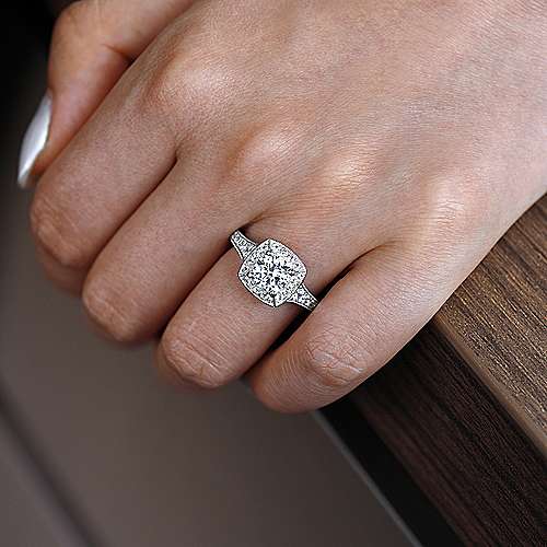 Tapered Engagement Ring On Hand Halo Cushion Cut Engagement Rings