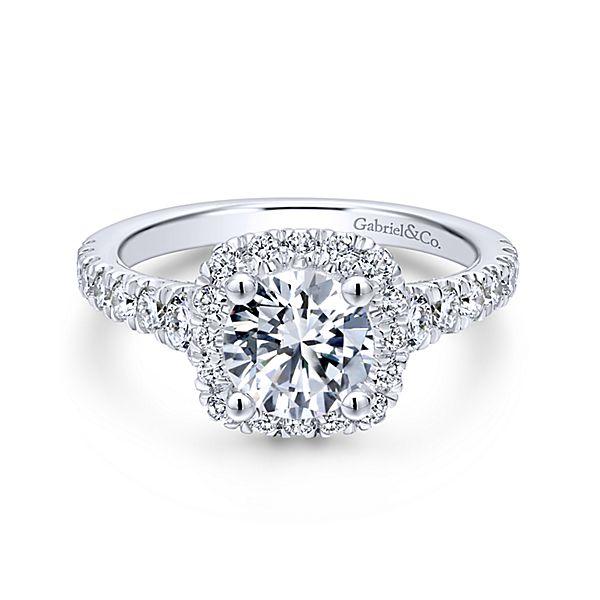 DIAMOND ENGAGEMENT RINGS - 14K White Gold .87cttw Cushion Shaped Halo Round Diamond Engagement Ring With Tapered Shank