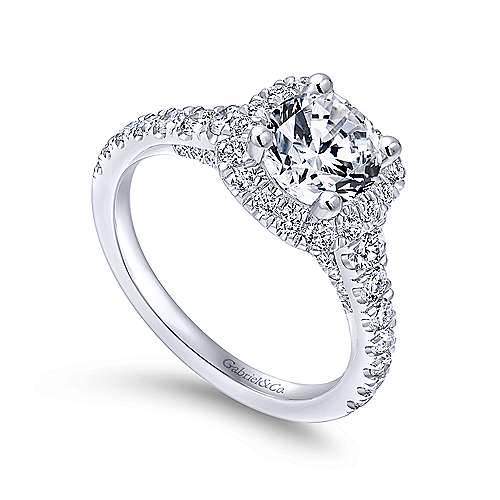 DIAMOND ENGAGEMENT RINGS - 14K White Gold .87cttw Cushion Shaped Halo Round Diamond Engagement Ring With Tapered Shank