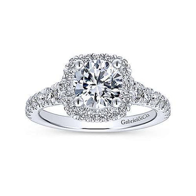 DIAMOND ENGAGEMENT RINGS - 14K White Gold .87cttw Cushion Shaped Halo Round Diamond Engagement Ring With Tapered Shank