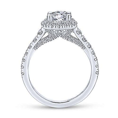 DIAMOND ENGAGEMENT RINGS - 14K White Gold .87cttw Cushion Shaped Halo Round Diamond Engagement Ring With Tapered Shank