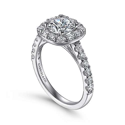 DIAMOND ENGAGEMENT RINGS - 14K White Gold .95cttw Large Prong Set Round Diamond Engagement Ring With Cushion Shaped Halo