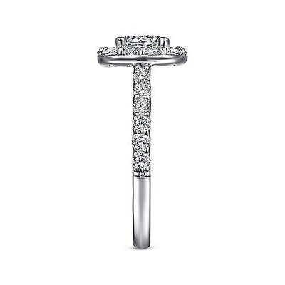 DIAMOND ENGAGEMENT RINGS - 14K White Gold .95cttw Large Prong Set Round Diamond Engagement Ring With Cushion Shaped Halo