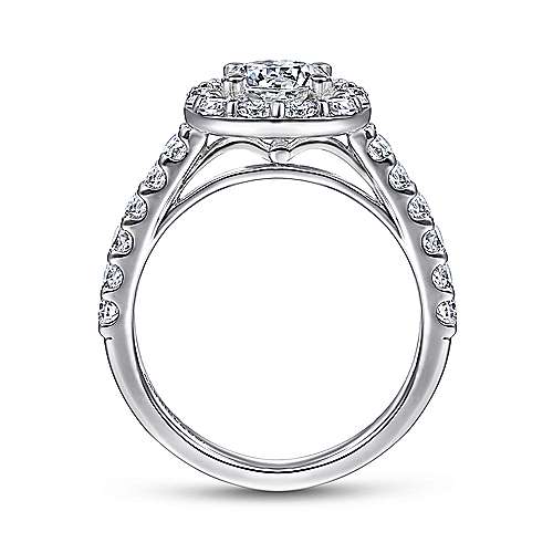 DIAMOND ENGAGEMENT RINGS - 14K White Gold .95cttw Large Prong Set Round Diamond Engagement Ring With Cushion Shaped Halo
