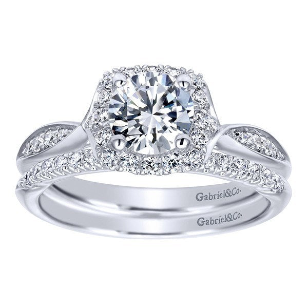 DIAMOND ENGAGEMENT RINGS - 14K White Gold .98cttw Flaired Halo Round Diamond Engagement Ring