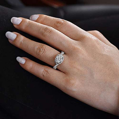 Crossover Double Shank Halo Diamond Ring 14K White Gold 364A