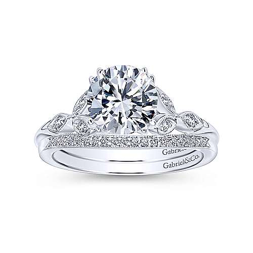 Dainty Floral Style Round Diamond Ring 14K White Gold 191A