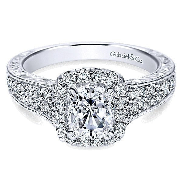 DIAMOND ENGAGEMENT RINGS - 14k White Gold Double Row Cushion Cut Halo Diamond Engagement Ring