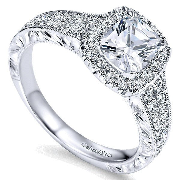 DIAMOND ENGAGEMENT RINGS - 14k White Gold Double Row Cushion Cut Halo Diamond Engagement Ring