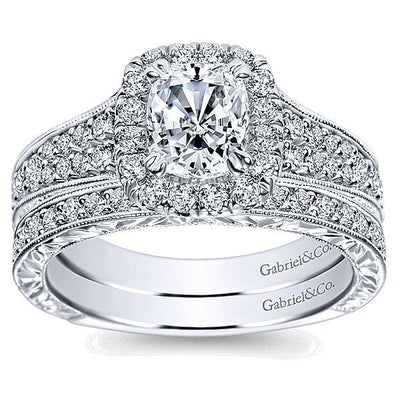 DIAMOND ENGAGEMENT RINGS - 14k White Gold Double Row Cushion Cut Halo Diamond Engagement Ring