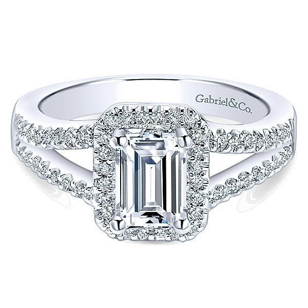 DIAMOND ENGAGEMENT RINGS - 14K White Gold Emerald Cut Halo Split Shank Diamond Engagement Ring