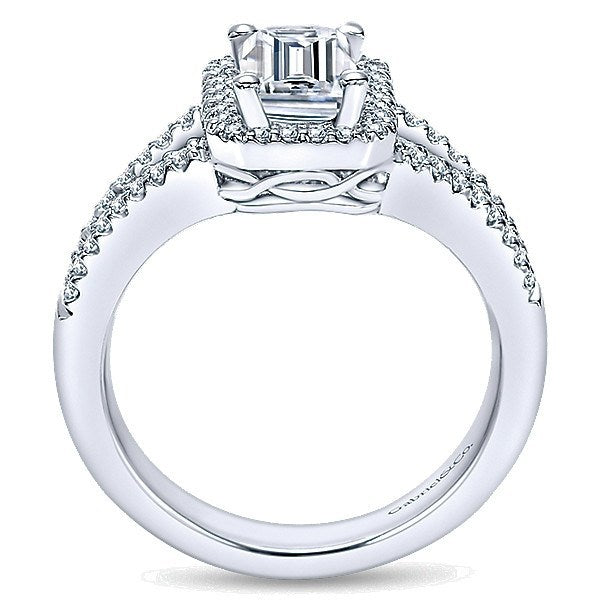 DIAMOND ENGAGEMENT RINGS - 14K White Gold Emerald Cut Halo Split Shank Diamond Engagement Ring