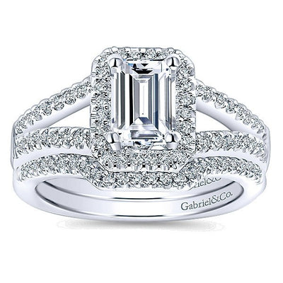 DIAMOND ENGAGEMENT RINGS - 14K White Gold Emerald Cut Halo Split Shank Diamond Engagement Ring