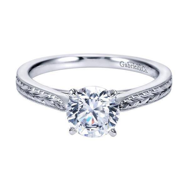 DIAMOND ENGAGEMENT RINGS - 14K White Gold Engraved Solitaire Round Diamond Engagement Ring