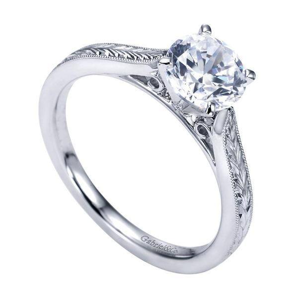 DIAMOND ENGAGEMENT RINGS - 14K White Gold Engraved Solitaire Round Diamond Engagement Ring