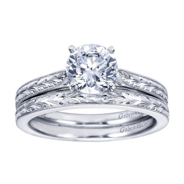 DIAMOND ENGAGEMENT RINGS - 14K White Gold Engraved Solitaire Round Diamond Engagement Ring