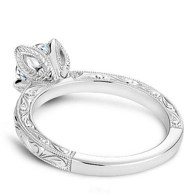 DIAMOND ENGAGEMENT RINGS - 14K White Gold Hand Engraved Diamond Engagement Ring With Floral Head